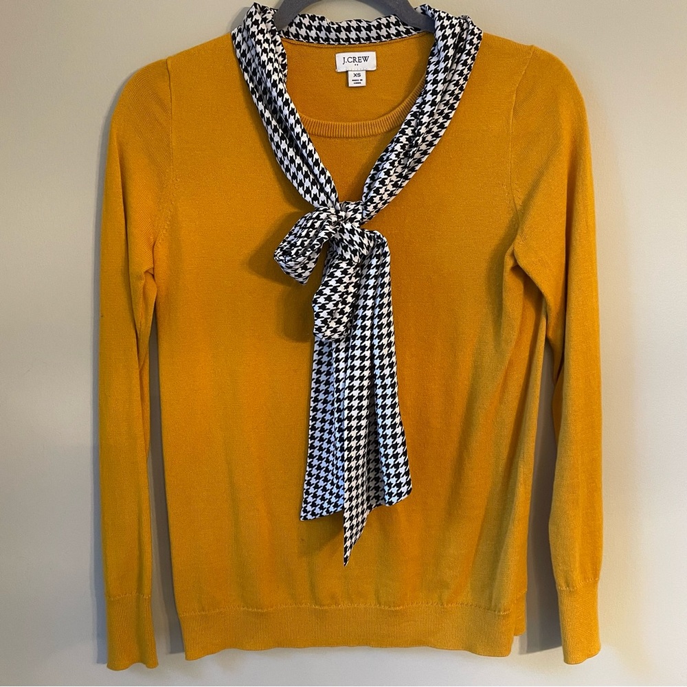 JCrew 1940s style mustard sweater with houndstooth attached scarf - 100% COTTON